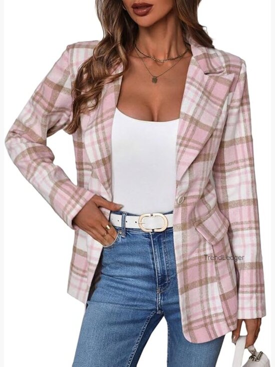 Jackets & Blazers - Women's Flannel Plaid Blazer Jacket Fully Lined Soft Slim Lightweight Casual